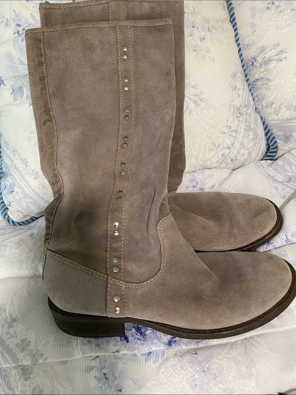 Carlos by Carlos Santana Taupe Suede Mid-Calf Boots with Stud Accents